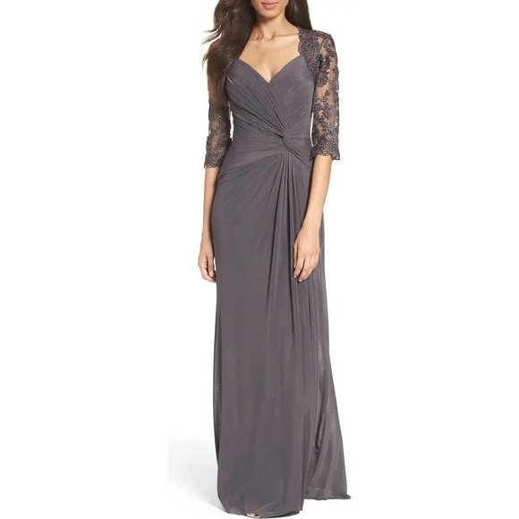 La Femme Gunmetal Gray Ruched Twist Column Formal Gown